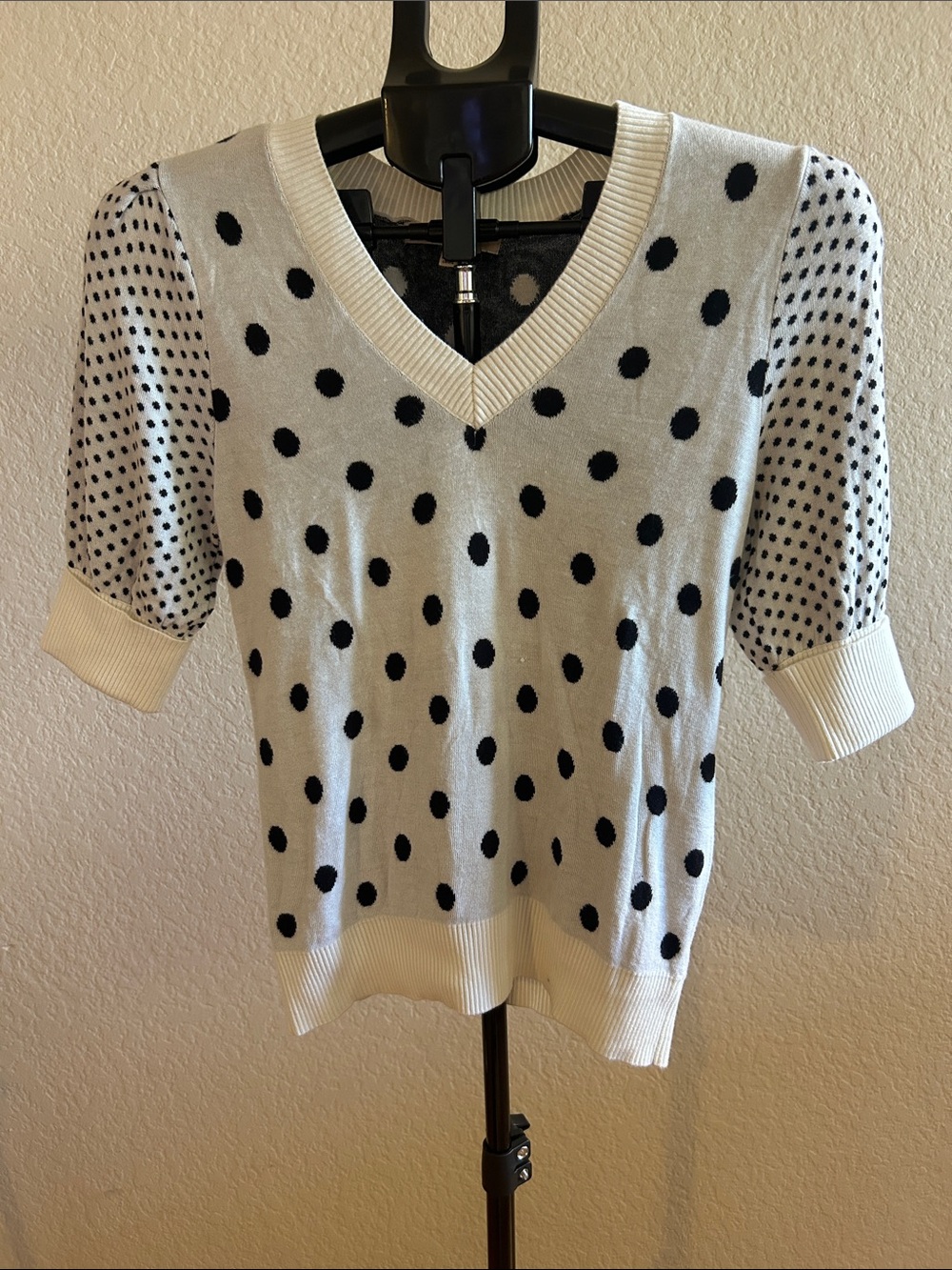 Polka Dot V-Neck Sweater — White with Black Dots